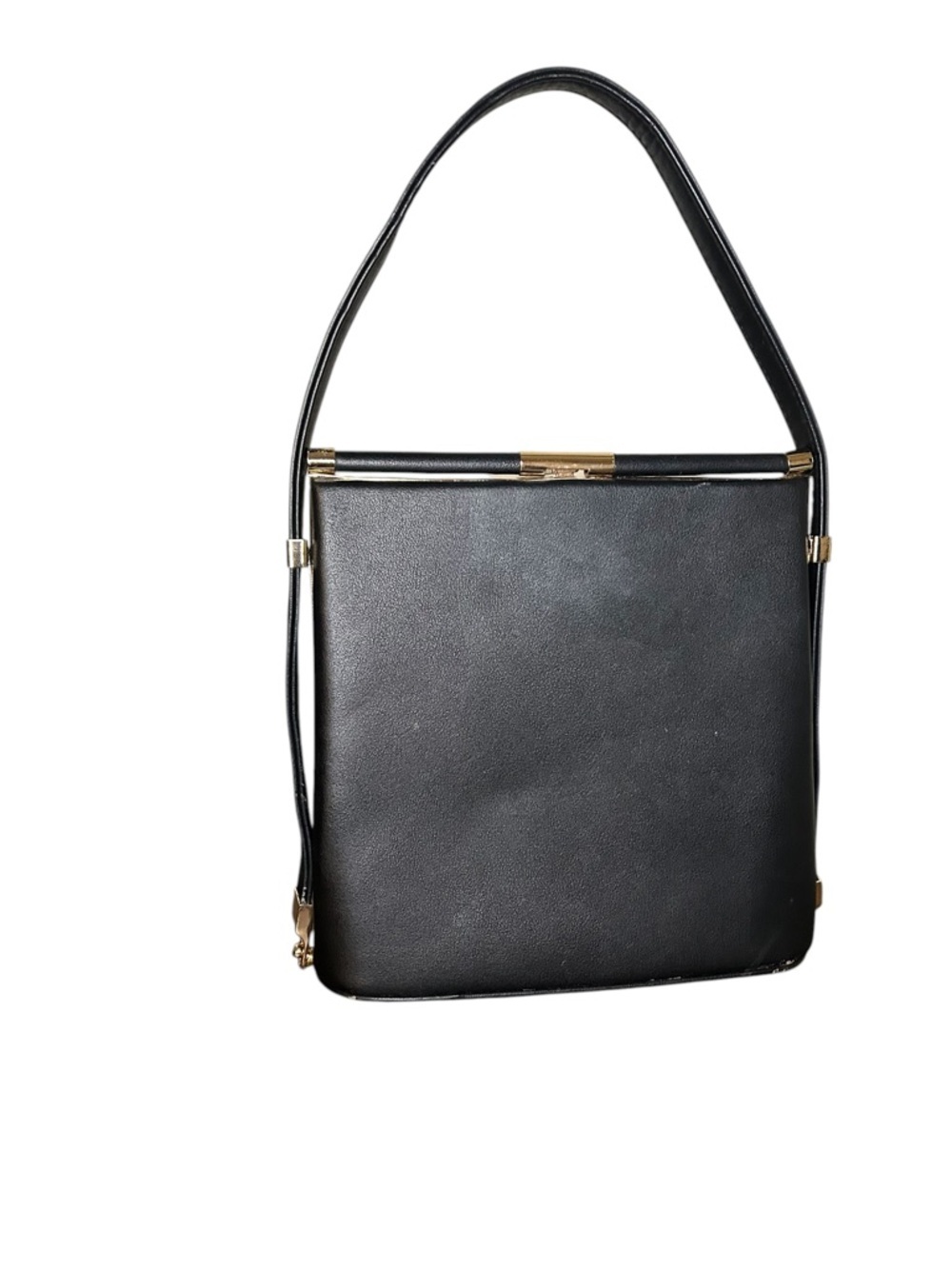 Minimalist and sleek Black Top-Handle Shoulder Bag with Gold Hardware - Picture 8 of 16
